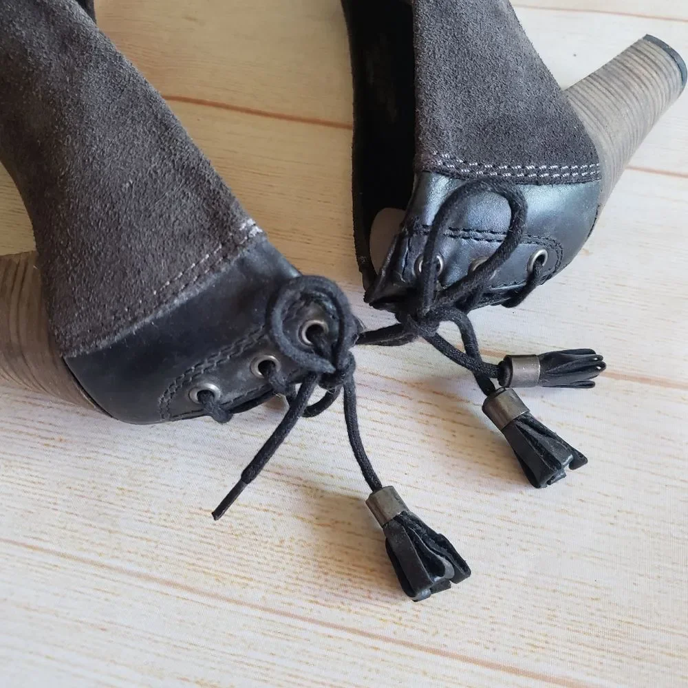 Diesel Leather Suede Round Toe Studded Tassel Heel Pumps Shoes Brown Size 39